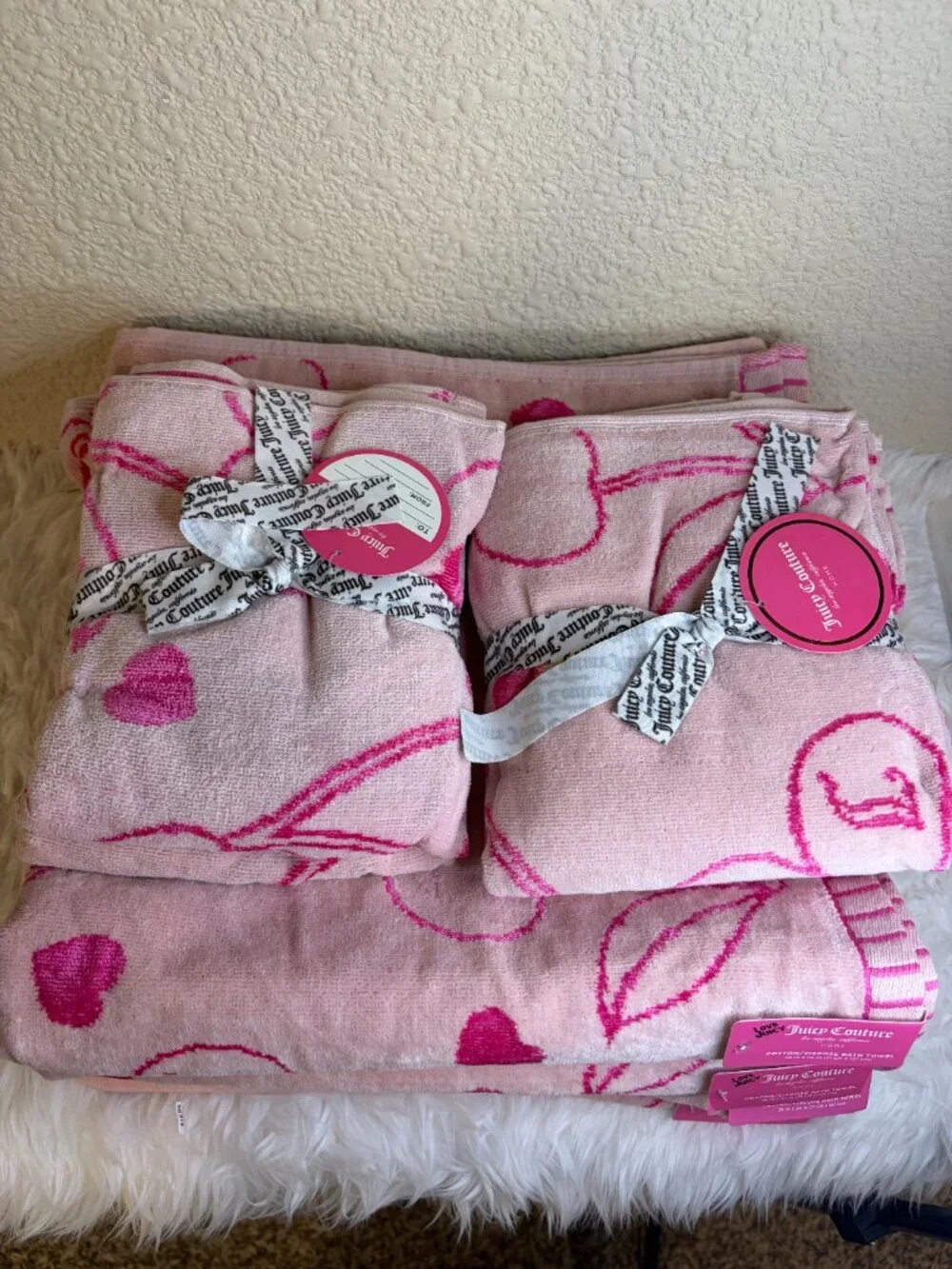 Juicy Couture Pink Cherry Bath Towel Hand Towel Set 8 Pc Home Love Juicy NWT
